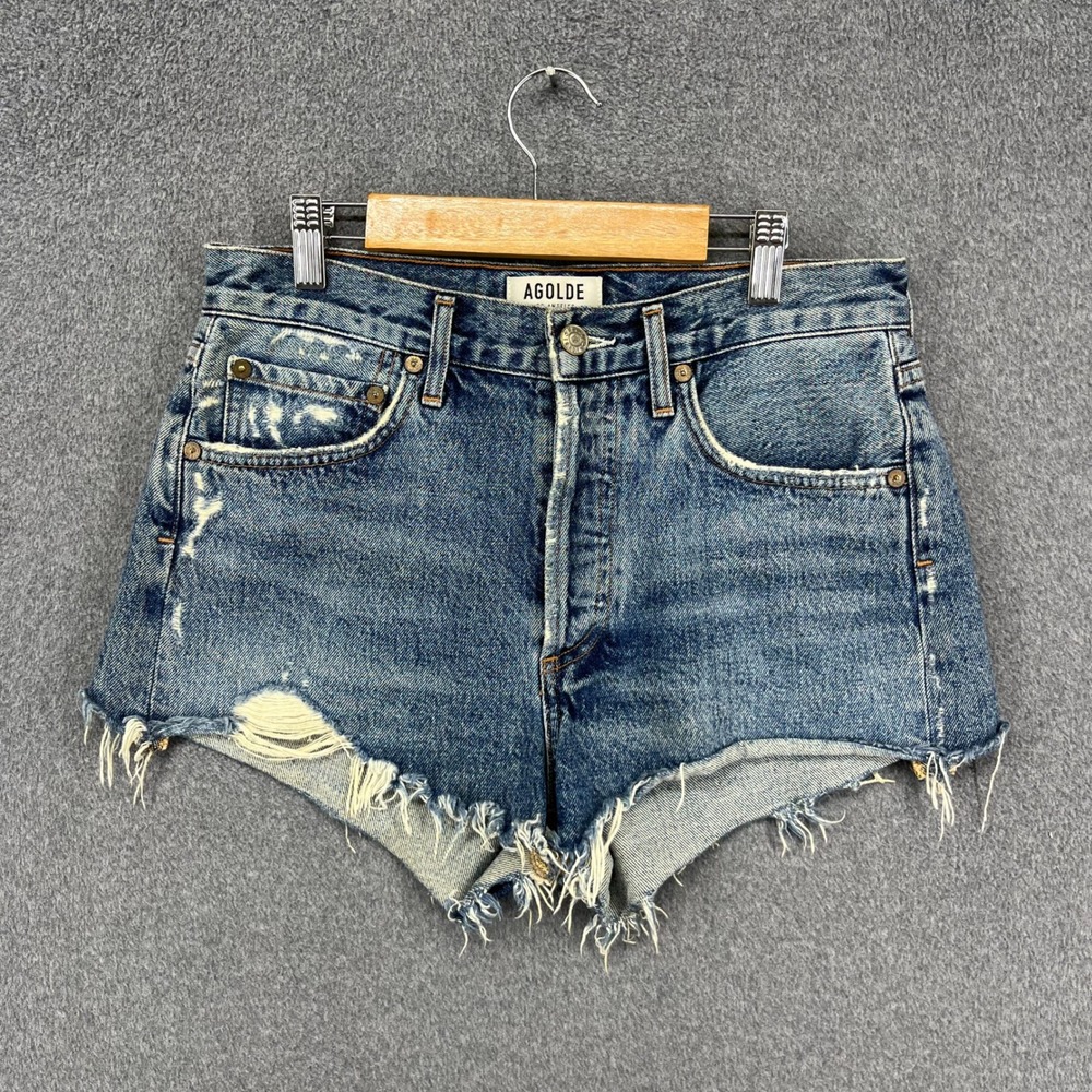 Agolde Parker Cut-Off Shorts Women 25 Blue Distressed Denim High Rise Frayed Hem